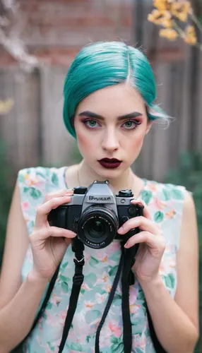 a girl with a camera,dslr,minolta,camera,nikon,portrait photographers,camera lens,full frame camera,the blonde photographer,blue hair,turquoise,photo lens,grunge,color turquoise,full frame,digital camera,nikon📸,digital slr,photo camera,photo-camera,Conceptual Art,Daily,Daily 15