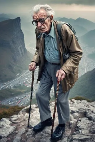 Elderly man, worn-out face, wrinkles, silver hair, spectacles, hunched back, walking stick, climbing, mountain, rocky terrain, misty atmosphere, steep slope, exhausted expression, sweat dripping down 