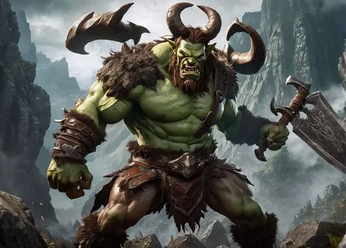 Mebh, ogre, male, muscular, green skin, sharp teeth, horns, messy brown hair, fierce eyes, torn leather armor, giant sword, standing, heroic pose, misty mountainside, ancient trees, rugged rocks, dram