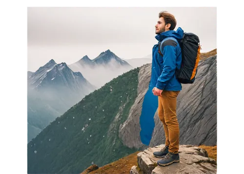 Mountain peak, snow-capped, rocky terrain, steep cliffs, misty atmosphere, solitary figure standing at edge, arms outstretched, wind-swept hair, casual clothing, backpack, panoramic view, dramatic lig