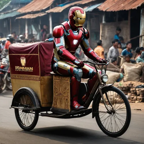 ironman  but indonesia style  drive becak,ironman,iron-man,iron man,delivering,tony stark,tuk tuk,rickshaw,marvel comics,special transport,courier driver,transport,delivery man,mode of transport,profe