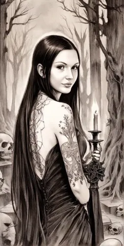 Beautiful spiritual woman with black tattoos. Long brown hair. Vampire. Summoning spirits with symbols, crystals and candles in an ancient gothic cemetery in a forest. Dreamy eyes. ,gothic woman,gothi