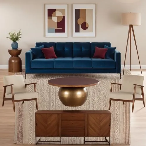 a cozy mid-century living room with blue velvet couch, cream-colored chairs with woven texture. The room is decorated in a warm, pastel hue with burgundy color pillow accent. A round wood table in war