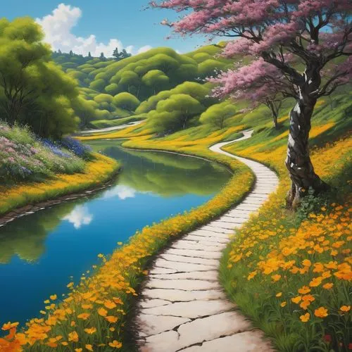 landscape background,springtime background,walking in a spring,spring background,pathway,meadow landscape,nature landscape,river landscape,beautiful landscape,japanese sakura background,fantasy landscape,japan landscape,flower painting,blooming field,landscape nature,primavera,hiking path,spring blossom,spring nature,rural landscape,Conceptual Art,Graffiti Art,Graffiti Art 12