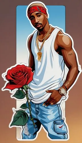 Tupac Shakur, hip hop legend, wearing gold chain, bandana, white tank top, baggy jeans, Air Jordan sneakers, holding a long-stemmed red rose, gentle smile, soft lighting, warm tone, blurred background