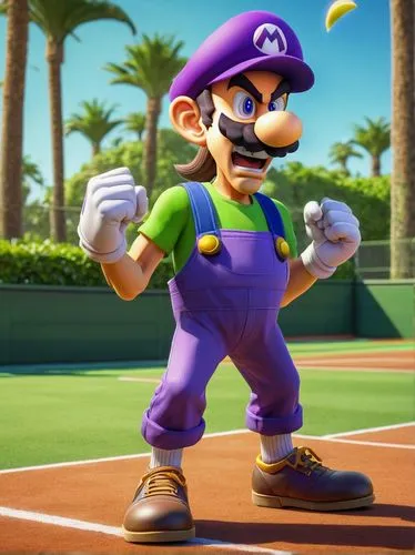 Waluigi, realistic, Luigi's rival, lean build, purple hat, yellow shirt, blue overalls, angry expression, clenched fists, standing, Mario Tennis court, green grass, sunny day, clear sky, palm trees, d