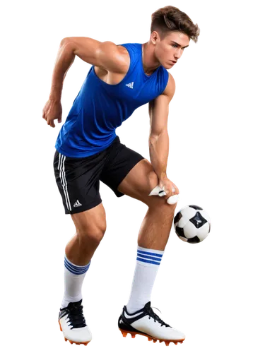 Young athletic male, soccer player, dynamic pose, muscular legs, strong calf muscles, white soccer socks, black shin guards, Adidas cleats, blue shorts, sleeveless jersey, sweaty hair, focused express