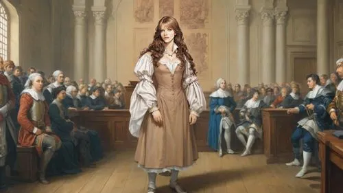 classicism painting: female defendant, inside 17th century courtroom, filled with shod and booted spectators,girl in a historic way,ceremonials,clergywoman,wollstonecraft,noblewoman,girl in a long dre