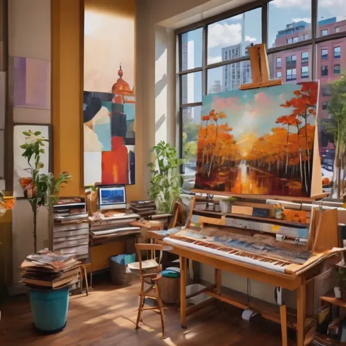 the living room of a photographer,creative office,working space,an apartment,photorealism,painting technique