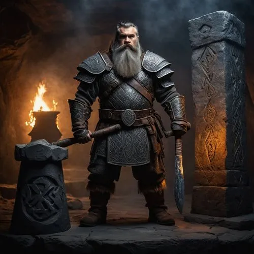 Dwarf, muscular, beard, serious expression, armor, metal shoulder pads, leather gloves, holding a large axe, standing in front of a stone pedestal, ancient runes etched on the wall, dimly lit cavernou