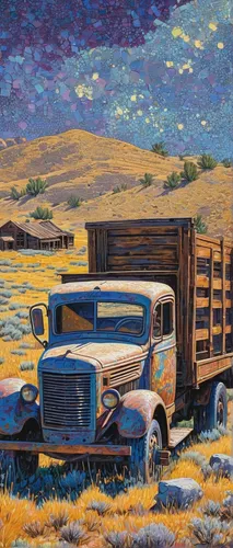 truck stop,bannack international truck,amarillo,john day,ford truck,tractor trailer,stagecoach,nikola,wyoming,straw harvest,pickup-truck,montana,peterbilt,oil on canvas,vintage art,southwestern,bales of hay,oil painting,oil chalk,steve medlin,Conceptual Art,Daily,Daily 31