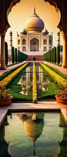 Mughal palace, intricate marble inlays, ornate arches, grand domes, Islamic geometric patterns, majestic entrance gates, beautifully manicured gardens, vibrant flower arrangements, serene water featur