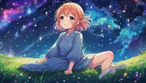 violet evergarden,starry,fairy galaxy,starry sky,stargazing,yui hirasawa k-on,colorful stars,star sky,falling stars,sea of flowers,sakura background,spring background,meditating,meditative,springtime background,flower background,japanese sakura background,falling star,night sky,clear night,Illustration,Japanese style,Japanese Style 04