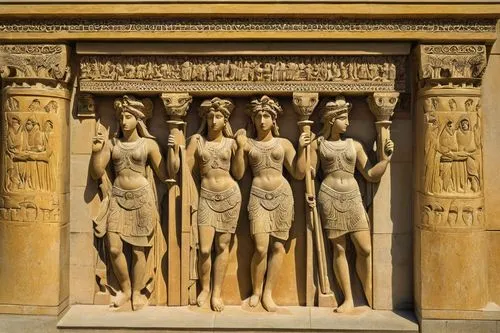 Metope architecture, ancient Greek style, ornate carvings, marble columns, intricately designed frieze, mythological figures, goddesses and gods, detailed sculpted metopes, temple entrance, grand stai