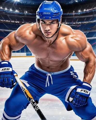 Muscular man, hockey player, shirtless, sweaty, athletic build, rugged facial features, messy short hair, intense gaze, strong chest, defined abs, muscular arms, hockey pants, helmet, stick, ice rink,