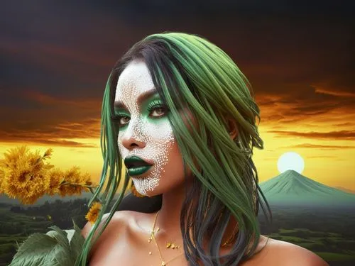 nude Beautiful nigerian girl, full dark curly hair, big green almond eyes, full black lips, misty sky,an artistic po of a beautiful woman with green hair,tuatha,derivable,fantasy portrait,green aurora