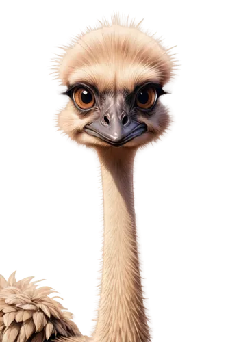 Ostrich, cartoon style, big brown eyes, long eyelashes, small beak, soft feathers, ostrich ears, standing, curious expression, realistic texture, ambient light, cinematic composition, warm color tone.