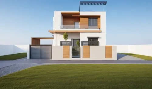 Create a rendering of a modern, minimalistic single-family house under clear summer skies with abundant daylight. The house should be illuminated both by natural sunlight and subtle artificial lightin