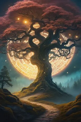 yggdrasil,magic tree,tree of life,celtic tree,fantasy picture,circle around tree,colorful tree of life,flourishing tree,fantasy landscape,mushroom landscape,druidic,sacred fig,the japanese tree,mabon,druidism,fantasy art,the branches of the tree,tree mushroom,silmarils,fae,Illustration,American Style,American Style 15