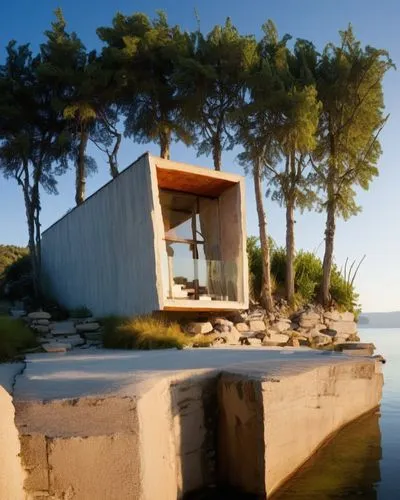 The interior of a minimalist cottage is adorned with sleek steel sheet panels, evoking a minimalist vibe. The cabin is decorated with a panoramic window towards a crystal-clear river, which seems to g