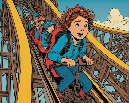 Depict Ella's emotional journey as she overcomes her fear of heights and rides a roller coaster for the first time.,roller coaster,amusement park,coaster,children's ride,up,joyrider,euro disney,tobogg