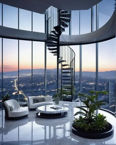 sky apartment,penthouses,observation deck,the observation deck,residential tower,modern architecture,high rise,beautiful home,observation tower,futuristic architecture,skywalks,spiral staircase,sky space concept,block balcony,interior modern design,modern decor,dreamhouse,spiral stairs,modern house,skyscapers,Illustration,Realistic Fantasy,Realistic Fantasy 14