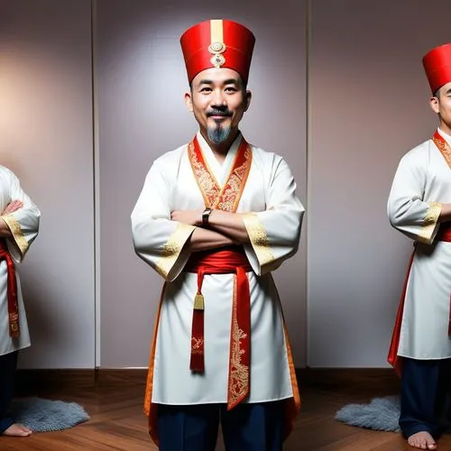 colocar estes personagens em ângulos diferentes mantendo as mesmas características ,a man is posing with his arms crossed,daoists,confucians,qianmen,laibin,sacerdotes,taoists