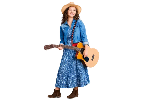 Country girl, natural makeup, curly brown hair, floral dress, denim jacket, cowboy boots, straw hat, holding guitar, smiling, panoramic view, warm lighting, soft focus, vintage tone, rustic background