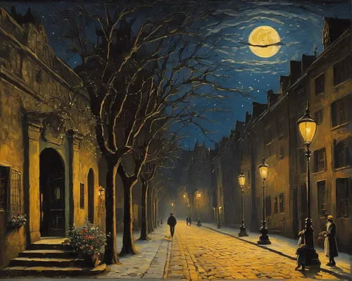 john atkinson grimshaw,night scene,the cobbled streets,montmartre,gas lamp,street lamps,lev lagorio,david bates,old street,vincent van gough,moonlit night,street lights,nocturnes,old linden alley,streetlight,lamplighter,evening atmosphere,post impressionism,lovat lane,braque saint-germain,Art,Classical Oil Painting,Classical Oil Painting 11