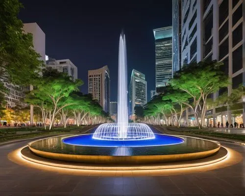 Famous landscape architecture project, modern city square, vibrant night scene, stunning fountain show, grand staircase, lush greenery, abstract sculptures, sleek benches, pedestrian-friendly pavement