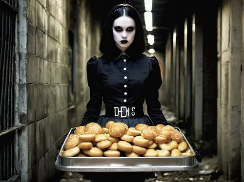 Gothic girl, McDonald's employee, black lipstick, pale skin, heavy eyeliner, dark eye circles, black nail polish, fishnet stockings, pleated skirt, black boots, name tag, McDonald's uniform, holding t