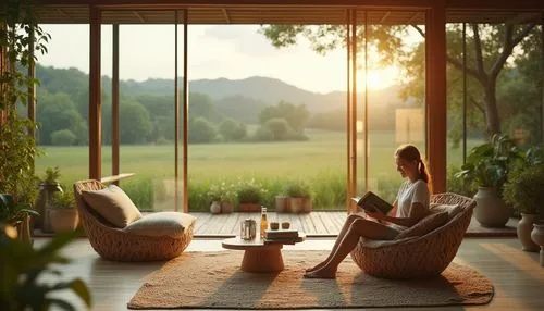 idyllic,sunroom,cabana,porch swing,veranda,serene,chair in field,home landscape,green living,ekornes,beautiful home,morning light,summer evening,tea zen,idyll,coziness,livingroom,living room,cabanas,zen,Photography,General,Realistic