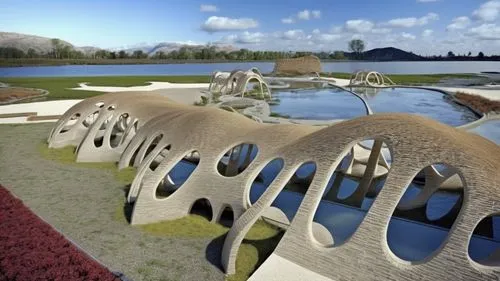 a large row of water fountains next to each other,superadobe,earthship,tetrapods,heatherwick,cube stilt houses,ecovillages,Photography,General,Realistic