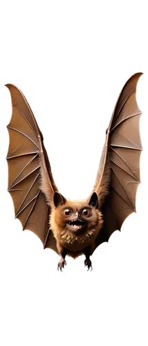 Brown bat, wings spread wide, furry body, big eyes, sharp teeth, perched on edge, flying pose, translucent wings, dark brown fur, shiny eyes, detailed texture, soft focus, cinematic lighting, 3/4 comp