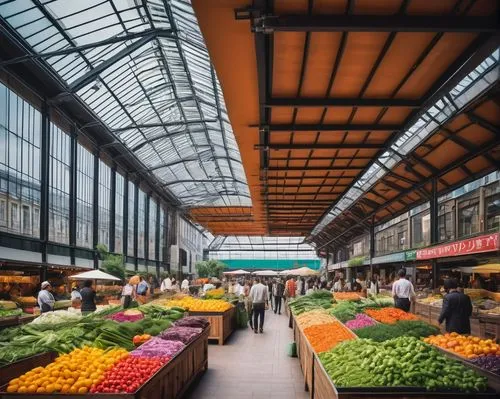 Urban market, modern architecture, steel structure, glass roof, wooden stalls, vibrant colorful signs, bustling atmosphere, daytime, natural light pouring in, people walking, shopping bags, food vendo