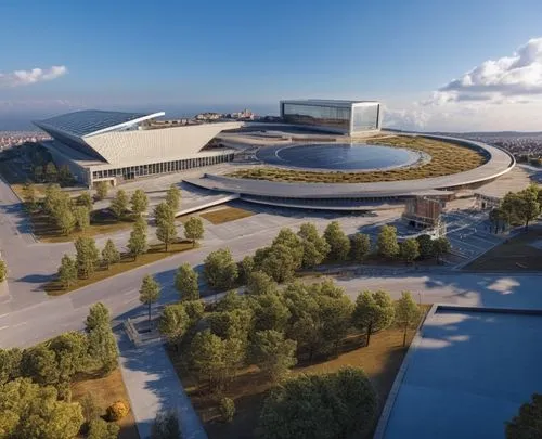 an artistic looking building with circular roof and trees,synchrotron,qlizabeth olympic park,skolkovo,olympia ski stadium,snohetta,kaist,Photography,General,Realistic