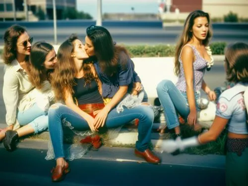 Küssen auf offener Straße,four women sitting on a bench kissing each other,vintage girls,demoiselles,gtos,meninas,girlhood,young women,elas,girl talk,gtv,ektachrome,gossiping,retro women,kodachrome,ru