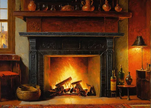 fireplaces,fireplace,fire place,log fire,warming,warmth,fireside,wood-burning stove,mantel,domestic heating,fire in fireplace,hearth,warm and cozy,christmas fireplace,candlemaker,oil lamp,november fire,mantle,home fragrance,oil painting,Art,Classical Oil Painting,Classical Oil Painting 42