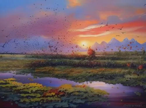 salt meadow landscape,fantasy landscape,bird painting,mushroom landscape,autumn landscape,meadow landscape,bird migration,migratory birds,landscape background,nature landscape,meadow in pastel,oil pai