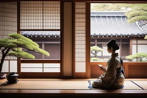 Traditional Japanese architecture, wooden bookshelves, sliding doors, tatami mats, shoji screens, minimalist decor, natural light pouring in, paper lanterns, bonsai trees, Zen garden views, serene atm