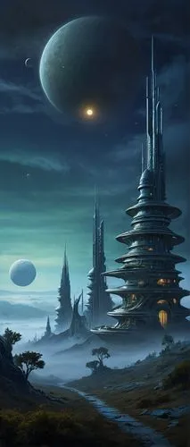 futuristic landscape,alien planet,fantasy landscape,alien world,cardassia,homeworlds,fantasy picture,coruscant,sci fiction illustration,ancient city,barsoom,lunar landscape,homeworld,ringworld,sci fi,fantasy city,scifi,sci - fi,terraformed,arcology,Illustration,Realistic Fantasy,Realistic Fantasy 22