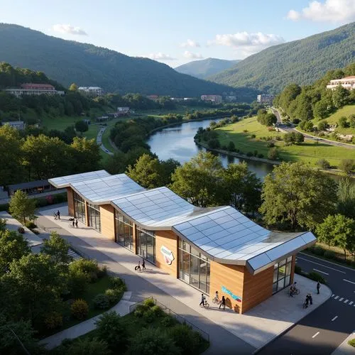 Scenic valley landscape, winding rivers, lush greenery, rolling hills, modern bus station architecture, curved lines, cantilevered roofs, transparent glass fa\u00e7ades, natural stone walls, wooden ac