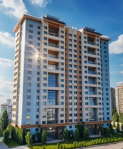 the large building is tall and has multiple windows,zelenograd,vladikavkaz,inmobiliaria,zorlu,krasnodar,residential tower,balashikha,evagora,surgut,belgorod,rustavi,koltsovo,voronezh,mgimo,italtel,kos