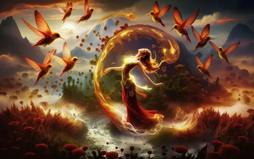 Traditional Beauty in Nature,a beautiful woman surrounded by birds flying through the sky,pillar of fire,silmarils,fire background,flame of fire,flame spirit,fire heart,Illustration,Abstract Fantasy,A