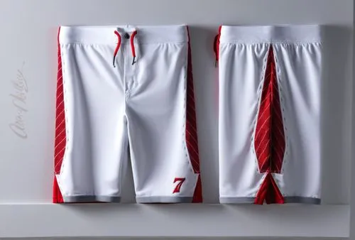 Woven polyester shorts, "7" red trim, bottom , all white with deep red and grey trim color scheme ,Custom basketball shorts white/red,uniforms,white and red,sports socks,colchoneros,aprons,singlets,Ph