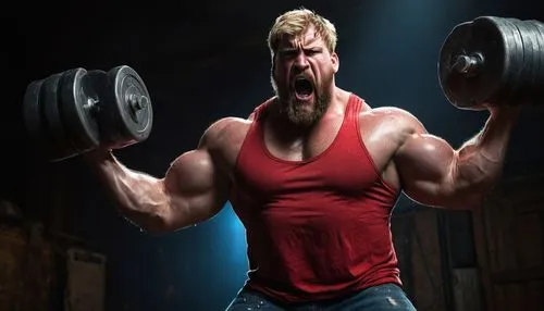 Muscular man, Peter Griffin, 40s, angry facial expression, intense eyes, messy blond hair, thick beard, sweat droplets, red tank top, ripped blue jeans, massive biceps, flexed muscles, holding barbell