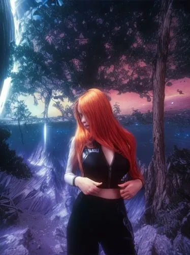 space,asuka langley soryu,rusalka,fantasy picture,kosmea,fantasia,fantasy woman,anime 3d,red-haired,eve,photomanipulation,cosplay image,dusk background,venus,fire angel,nami,diamond-heart,embrace,evan