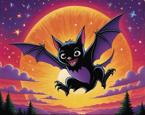 Imagine a cute bat joyfully flying through a vibrant sunset, leaving a trail of glittering stars behind.,vampire bat,bat,bat smiley,fruit bat,little red flying fox,tropical bat,little brown myotis,hal