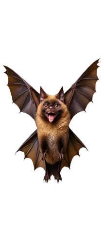 Flying bat, transparent wings, dark brown fur, beady eyes, sharp fangs, nocturnal creature, solo, full-body profile, symmetrical composition, soft focus, warm color tone, subtle shading.,bat smiley,ba