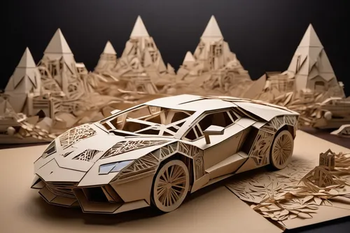 Imagine a post-apocalyptic world where Aventadors have been transformed into war machines. Describe a battle scene where these heavily armored vehicles engage in combat.,wooden car,paper art,3d car wa